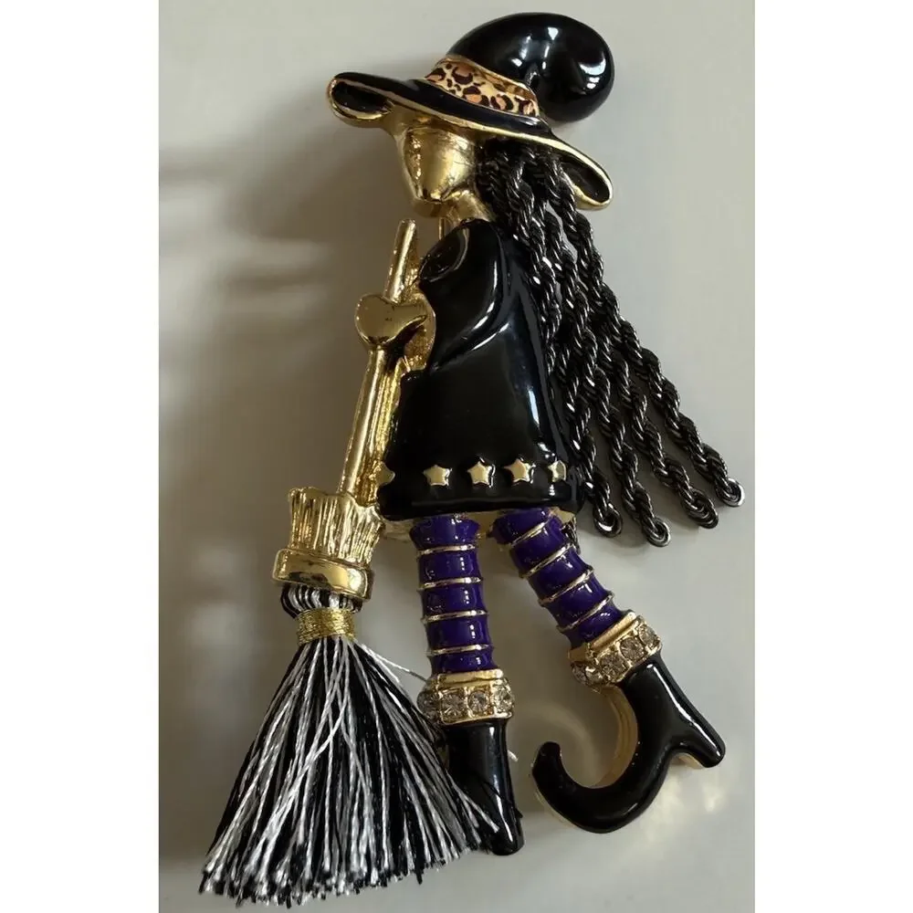 Funky Witch Brooch Pin Black Enamel Purple Rhinestone Broom Halloween Jewelry